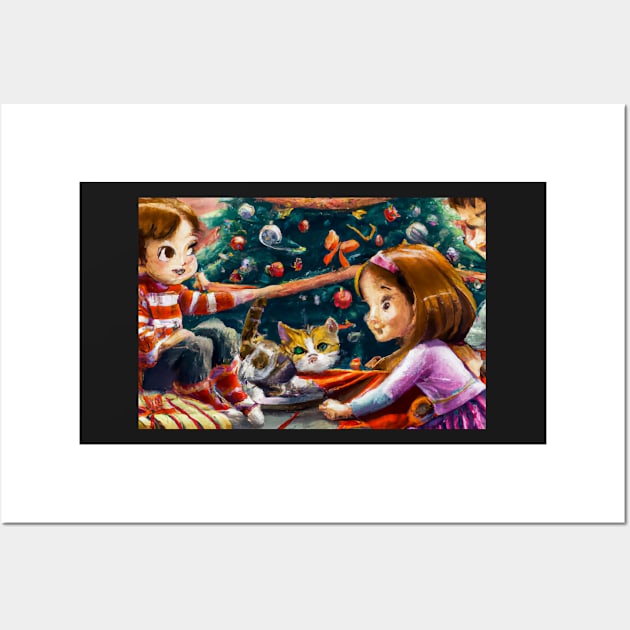 A brother and sister and cat on Christmas morning - Greeting Card Wall Art by JohnCorney